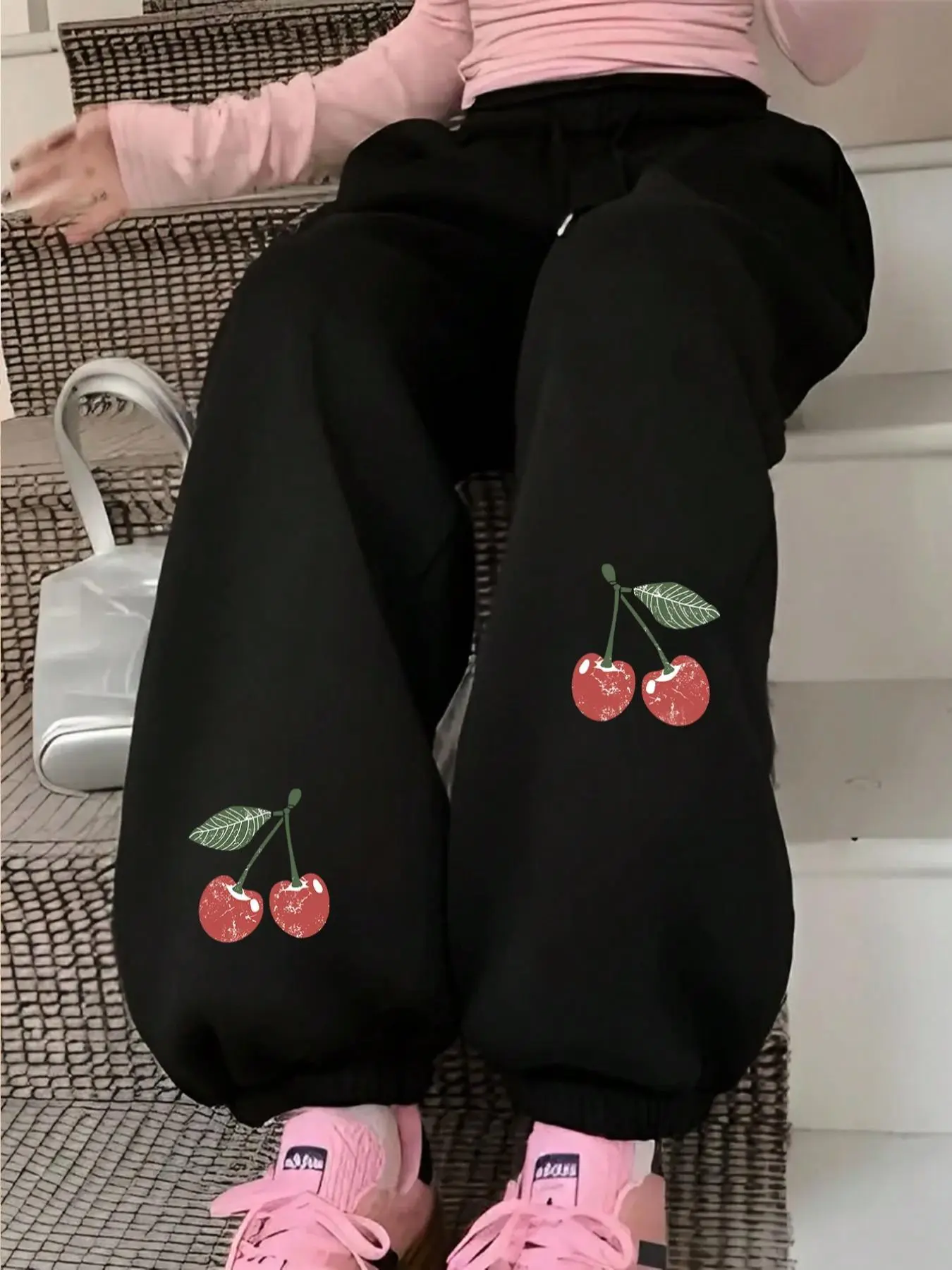 Women's Cherry Print Sweatpants, Casual Comfy Trousers for Daily Wear, Ladies Casual Fashion Bottoms for All Seasons, Casual Lounge Pant