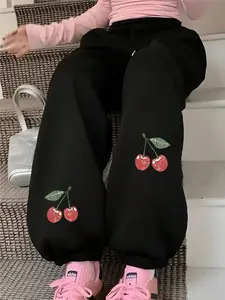 Women's Cherry Print Sweatpants, Casual Comfy Trousers for Daily Wear, Ladies Bottoms for All Seasons