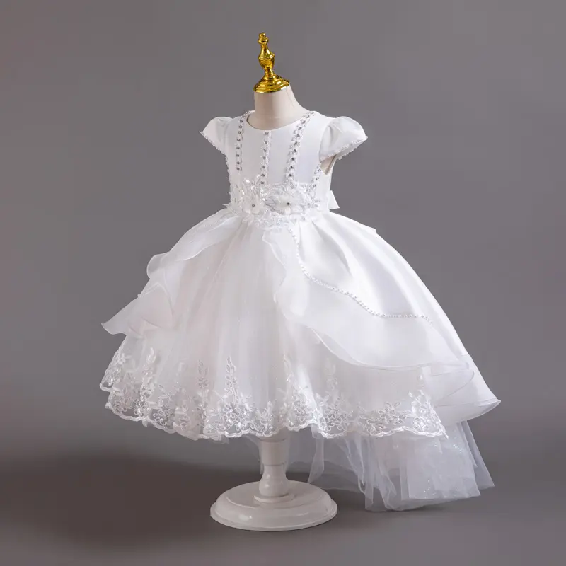 Kids Clothes Sequins Beading Embroidered 167 Princess Trailing Ball Gown Frock Children Formal Evening Party Banquet Pageant Prom Host Cocktail Dress White Flower Girls 3-9Y