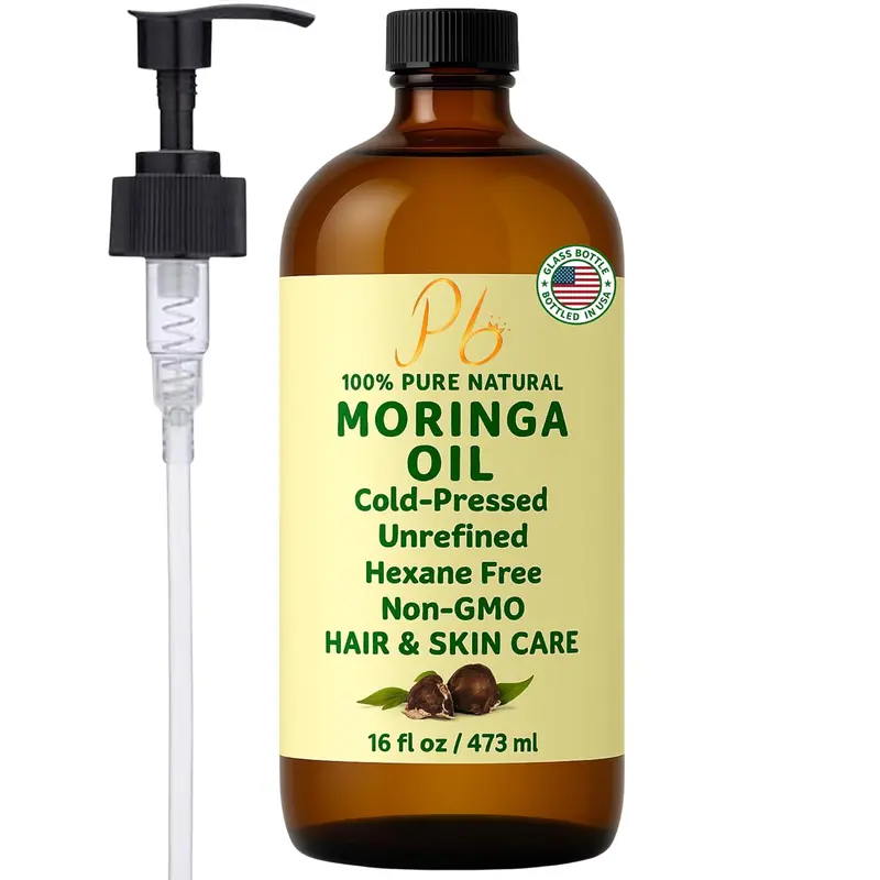 Pomberries Moringa Seed Oil 16 fl oz | 100% Pure, Cold-Pressed, Unrefined | Face, Hair, Skin & Body | Amber Glass Pump Bottle