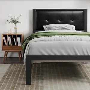 SHA CERLIN Faux Leather Platform Bed Frame with Metal Slats, Button Tufted Square Stitched Headboard, No Box Spring Needed, Easy Assembly, Twin