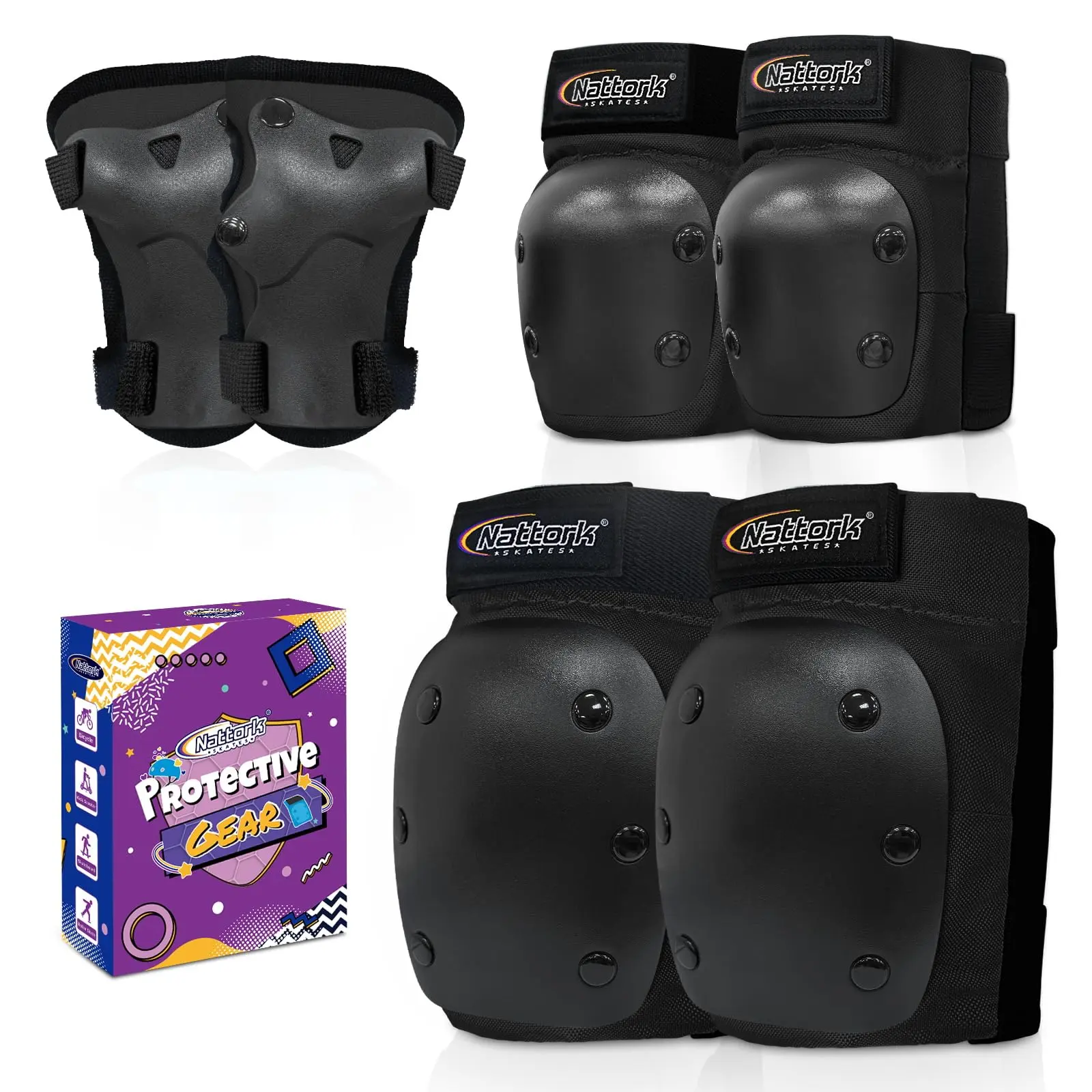 Nattork Kids Youth Protective Gear Set - Knee-Elbow Pads & Wrist Guards, Impact-Resistant Hard Shell, Breathable Sporty Design, Knee Pad & Elbow Shell Safeguards for Skateboarding, Roller Skating Beginners, Elbow Shells Protective Gear, Knee Pad Protectiv
