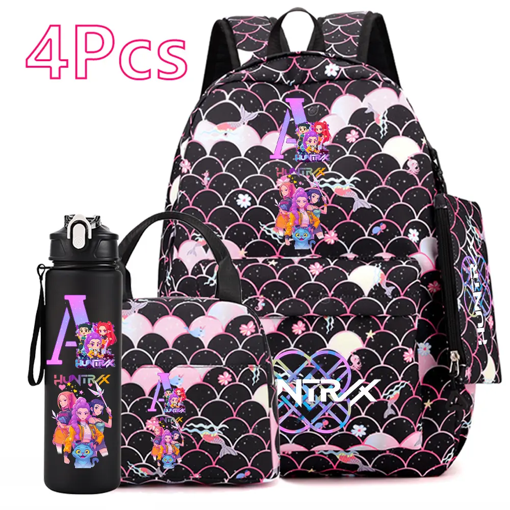 4PCS K-Pop Demon Hunters Backpack Set for Girls – Rumi, Mira, Zoey, Aira, Luna & Yuna School Backpack with Lunch Bag, Pencil Case & Water Bottle, Large Capacity Anime Bookbag for Kids & Teens