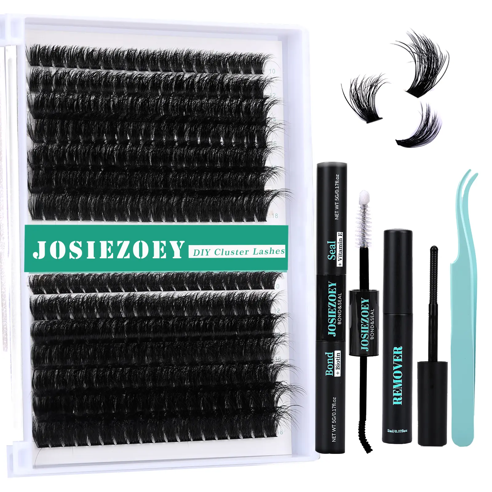 Josiezoey DIY Lash Extension Kit, 280pcs PBT Silk Fibre Eyelash Clusters, Waterproof D-Curl 10-18mm Mixed Styles with Bond, Seal, Remover & Tweezers, Solid, Beauty Eyelash Clusters, Cluster Lashes Kit