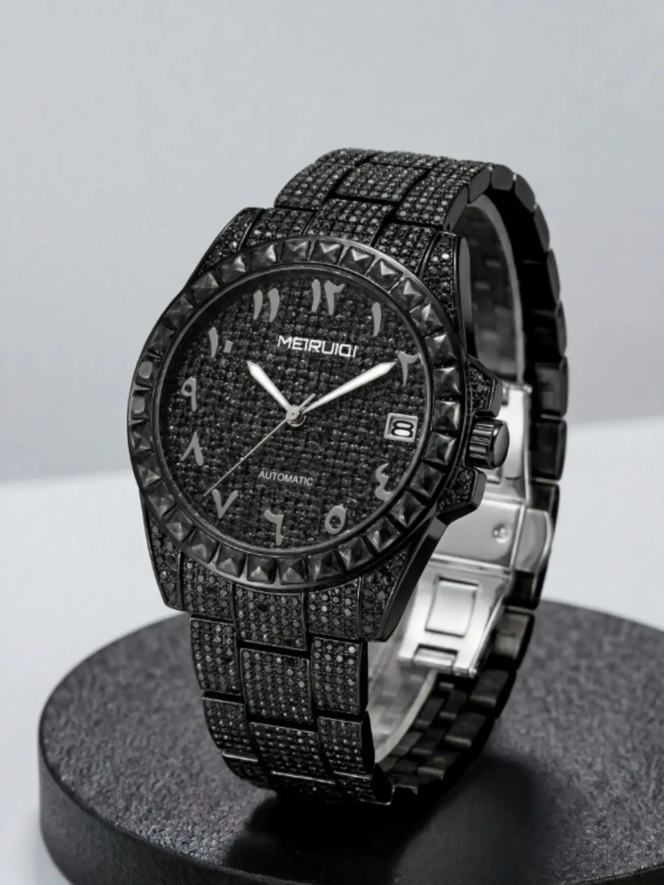 A men's cool personalized black full diamond strange digital calendar high-end fully automatic mechanical watch Rhinestone Decorated Watch Analog Watch Automatic Watches