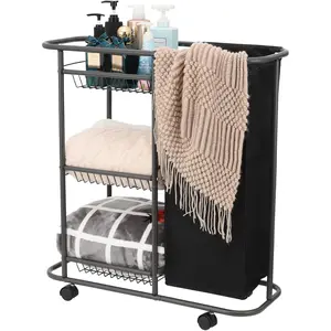Rolling Laundry Cart with Wheels: 3-Tier Laundry  Between Washer and Dryer - Heavy Duty Wrapping Paper Cart with 45L Bag for Narrow Space Laundry Room Bathroom Bedroom Black