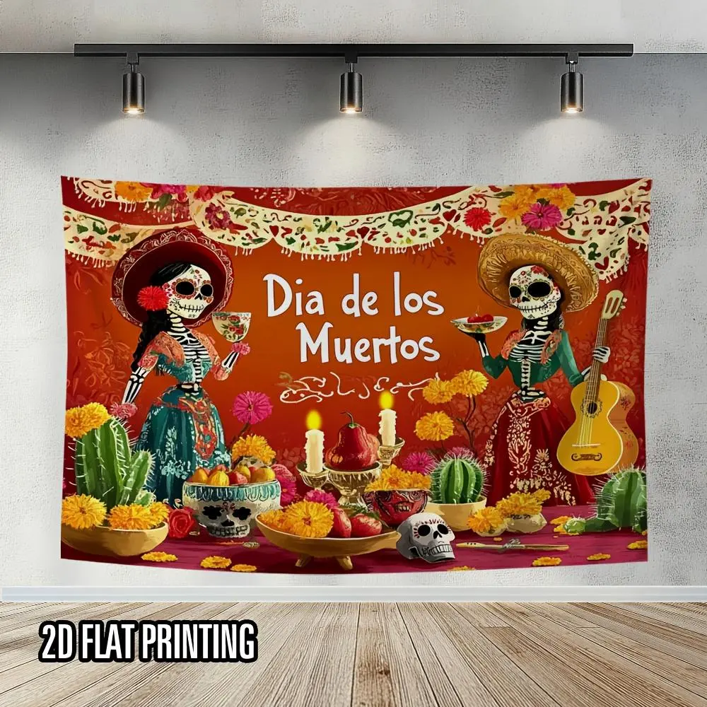1pc 2D Flat Mexican Dia de Los Muertos Backdrop Banners - Sugar Skull, Marigold Floral Design, Polyester Fiesta Decorations for Photo Shoots, No Electricity Needed