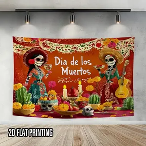 1pc 2D Flat Mexican Day Dead Backdrop - Sugar Skull & Marigold Floral Dia de Los Muertos Photo Backdrop, Polyester Fiesta Decorations Photo Shoots, No Electricity Needed