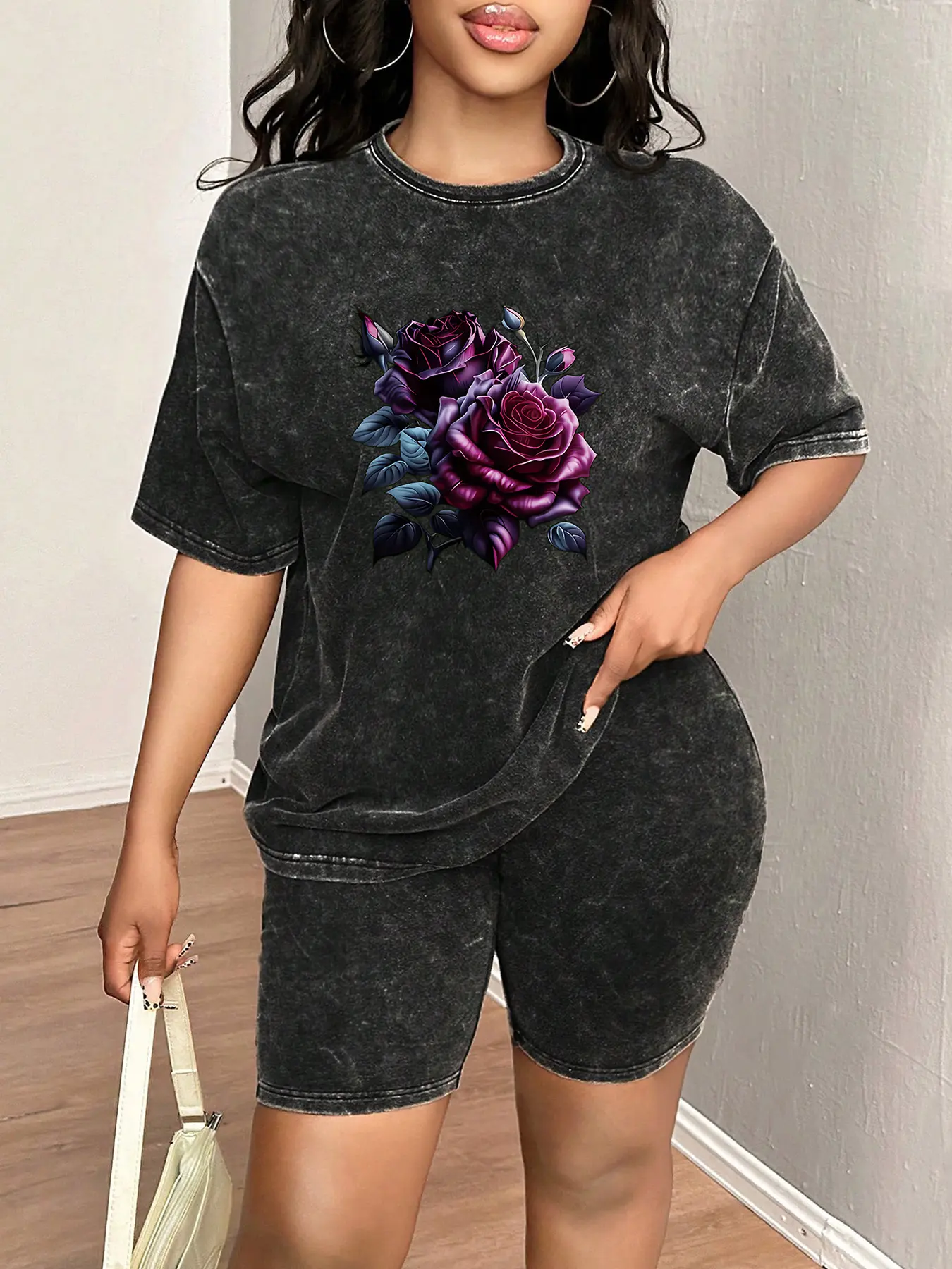 Spring & Summer Plus Size Sports Two-Piece Set with Cartoon Print, Tie-Dye Washed Vintage Short Sleeve T-Shirt and Shorts, Plus Size Women's Jogging Outfit