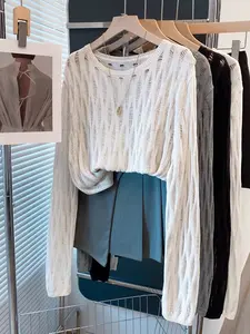 Women's Hollow Out Round Neck Knit Sweater, Summer New Design, Loose Casual Style, Elegant Long Sleeve Top, Fashionable Thin Knitted Shirt