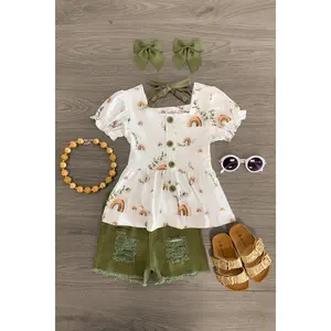 Olive Rainbow Distressed Denim Short Set