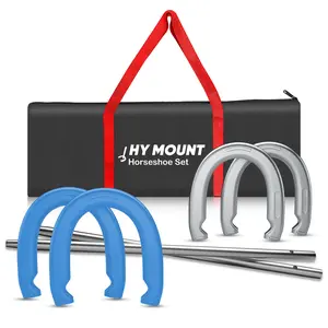 NQV Horseshoe Outdoor Game Set, Horse Shoe Game Kit, Horseshoe Game Sets, Includes 4 Steel Horseshoes, 2 24" Metal Stakes & Carry Bag, Perfect for Lawn, Beach, Backyard, Or Tailgating, Blue & Silvery Color