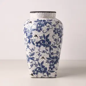 Vintage Blue and White Ceramic Vase with Ice Crack Glaze Texture Finish Chinese Porcelain Vases for Centerpieces Weddings Party Office Decor decorative antique chinoiserie vase Retro Ice Crackle Blue Flower Vase