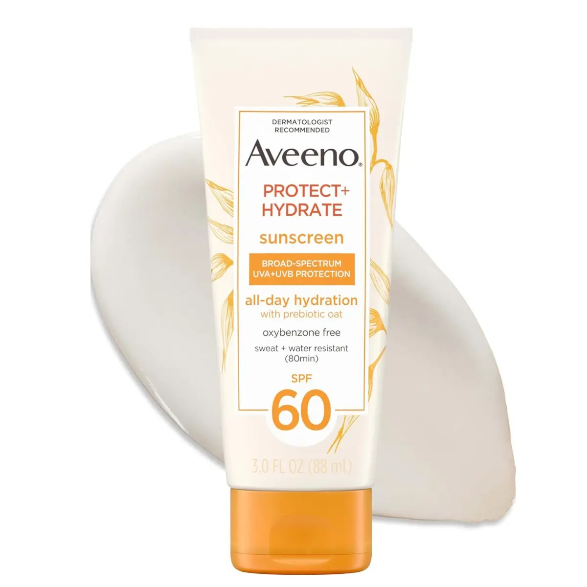 Aveeno Protect + Hydrate Broad Spectrum SPF 60 Sunscreen Lotion for Sensitive Skin (Body & Face), Prebiotic Oat, Paraben-Free, Oil-Free, 80-Min Water & Sweat Resistant, 3 Fl Oz Moisturizing Sunscreen