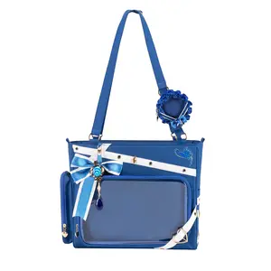 Genshin Impact Kabaqoo Furina Ita Bag | Blue Large Capacity Tote Bag | Clear Front Window for Badges & Pins | Cosplay & Daily Fashion Bag