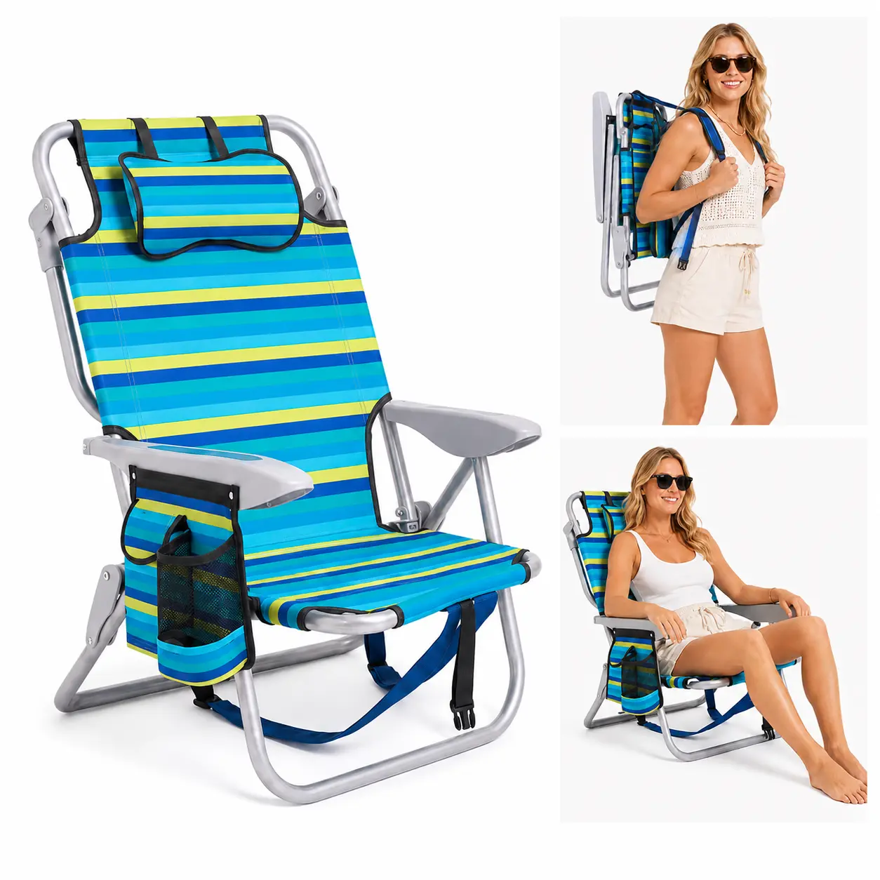 Single Seat Striped Recline Fold Beach Chair - Portable 5-Position Reclining Outdoor Chair with Shoulder Strap, Carry Handle for Beach, Camping