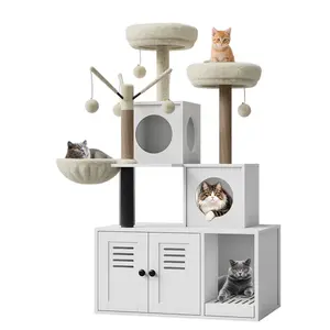 [NEW - FLASH SALE] Garvee 53.7-Inch Litter Box Enclosure with Cat Tree, 2-in-1 Modern Large Cat Tower for Indoor Cats with Condo/Hammock/Scratching Post/Plush Perch/Caves, Wooden Hidden Litter Box Furniture