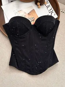 Women's Sequined Fishbone Bralette Top with Padding, Sexy Pure Desire Hot Girl Wrap Chest Corset Waist Cincher Tube Blouse, Womenswear
