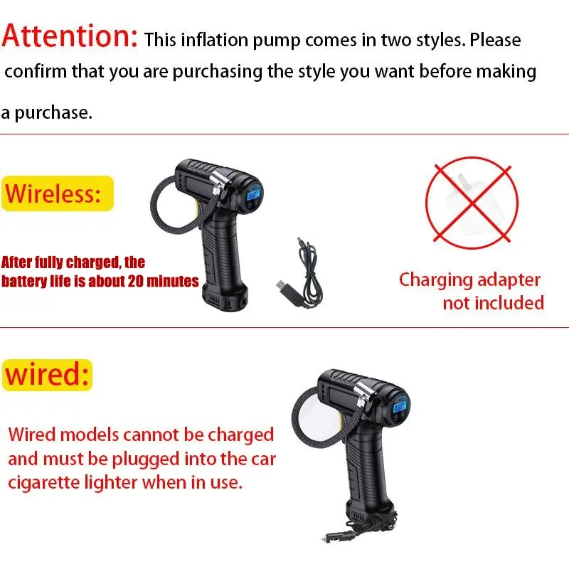 tyre inflator plugs into cigarette lighter Portable Car Tire Inflator, Wireless/Wired Digital Air Pump with LCD  Display, Multifunctional Tyre Inflator for
