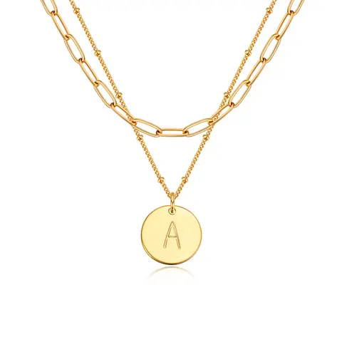 Women's Personalized Initial Minimalist Gold-Tone Letters Artificial Gemstone Necklace, Dainty Rope Chain, Double-Layered Elegant Look, Birthday Gift Jewelry, Gold Artificial Gemstone Necklaces & Pendants