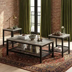 3 Piece Rectangle Coffee Table Set, Industrial Living Room Table with 2 Square End Side Tables, MDF Tabletop Metal Frame Coffee Table with Mesh Storage Shelf, Adjustable Legs Space Saving Furniture for Home Apartment Office