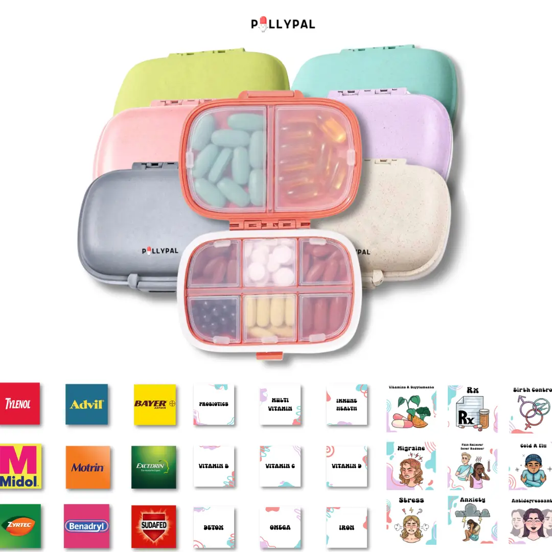 PillyPal V2 4 Sticker Sheets 8 Compartments Portable Durable Pill Vitamins Supplements Probiotics Organizer Healthcare Containers Waterproof Travel Or