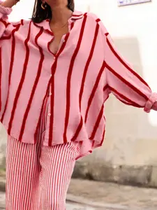 Women's pink striped loose-fitting shirt, an elegant and casual top suitable for commuting, office wear, everyday wear, Valentine's Day, outdoor activities, and spring/summer vacation outfits.