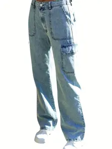 Women's Boyfriend Cargo Jeans - Y2K Streetwear Wide Leg Washed Denim Pants with Multi-Pockets, Machine Washable & All-Season Comfort, Casual Casual Attire, Retro Distressed Look, Durable Construction Womenswear rhinestone jeans stacked jeans flaredjeans