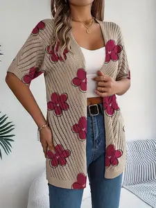 Spring/Summer women's diagonal hollow-out knit cardigan, vacation bohemian Casual style with contrast color Floral flower print, short sleeve, buttonless open front, versatile outerwear for vests, beach cover-up