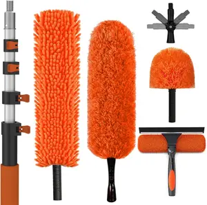 20FT Reach High Ceiling Duster Kit, Window Cleaning kit with 3-12FT Extension Pole, Fan Duster for Ceiling Fan Blades, Microfiber Feather Duster, Rotatable Window Squeegee and Cobweb Duster