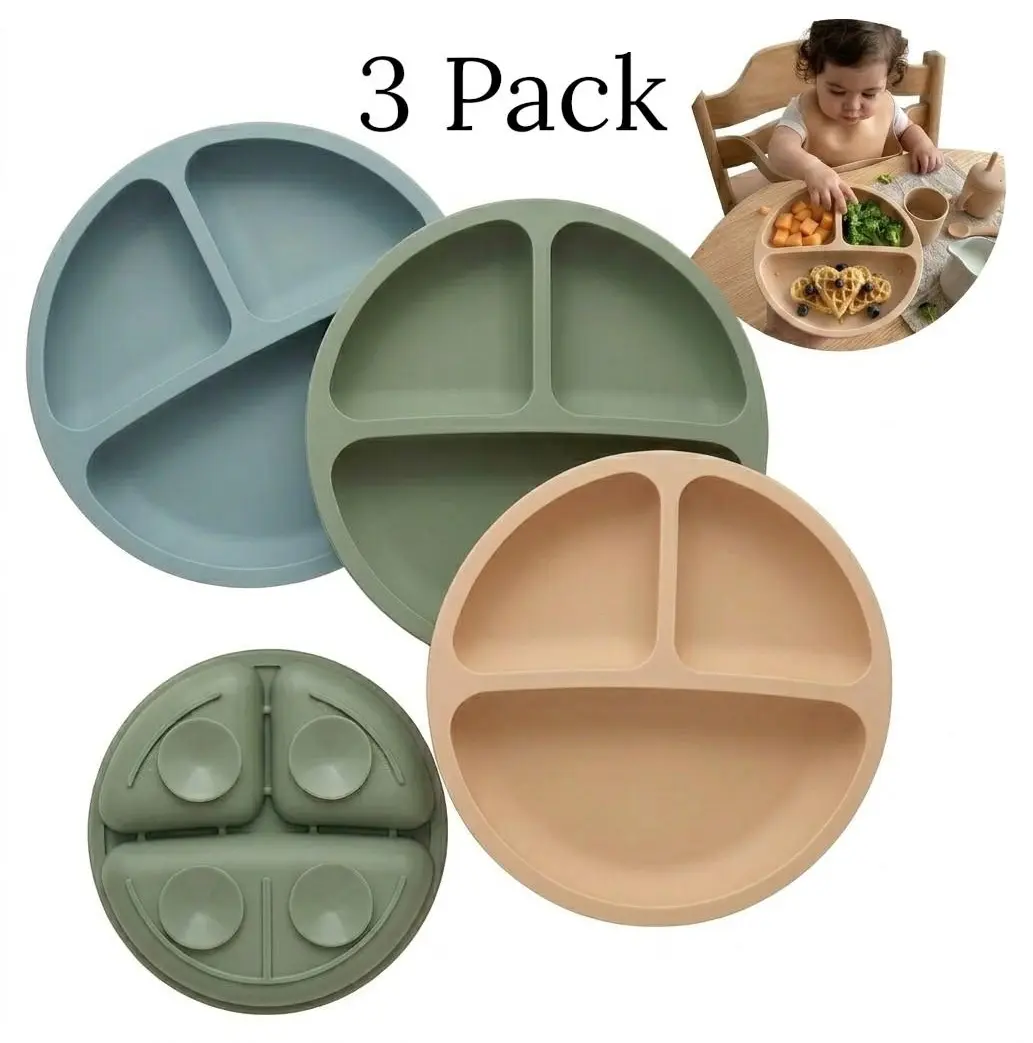 3 Pack Silicone Toddler Plates with Strong Suction Base, Divided Baby Feeding Plates, Food Grade Silicone, Non Slip Baby Led Weaning Essentials, Microwave Dishwasher & Freezer Safe Kids Plates for Toddlers Blue