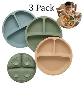 3 Pack Silicone Toddler Plates with Strong Suction Base, Divided Baby Feeding Plates, Food Grade Silicone, Non Slip Baby Led Weaning Essentials, Microwave Dishwasher & Freezer Safe Kids Plates for Toddlers Blue