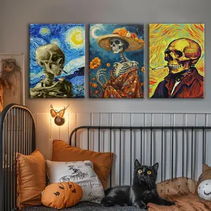 3 Counts Wooden Framed Canvas, Starry Sky Skeleton Witch Poster, Halloween Home Poster, Halloween Party Decorations, Living Room And Bedroom Hanging Paintings, Horror Theme, Interesting Posters, Exquisite Gifts, High-Definition Art