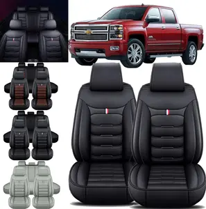 Deluxe Leather 5 Seat Cover for Chevy Silverado GMC Sierra 1500 2500HD 3500HD 2007-2024 Breathable PU Leather Full Set Truck Cushion Protectors with Airbag Compatible - Interior