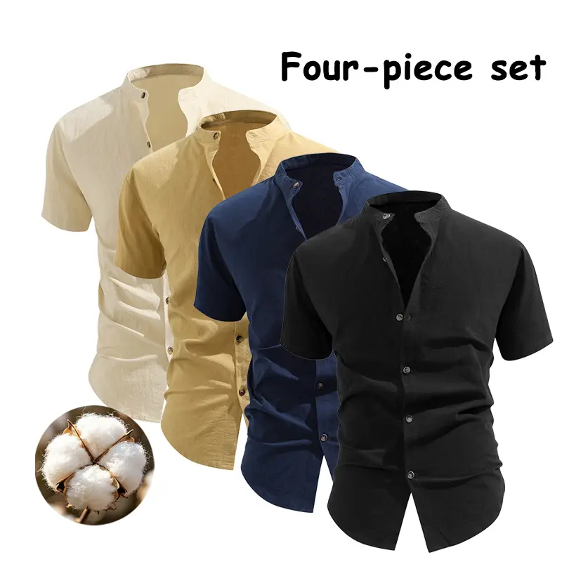 4-Pack Wrinkle-Free Cotton Linen Tops with Mandarin Collar, Classic Button-Down Short-Sleeve Summer Work Shirts