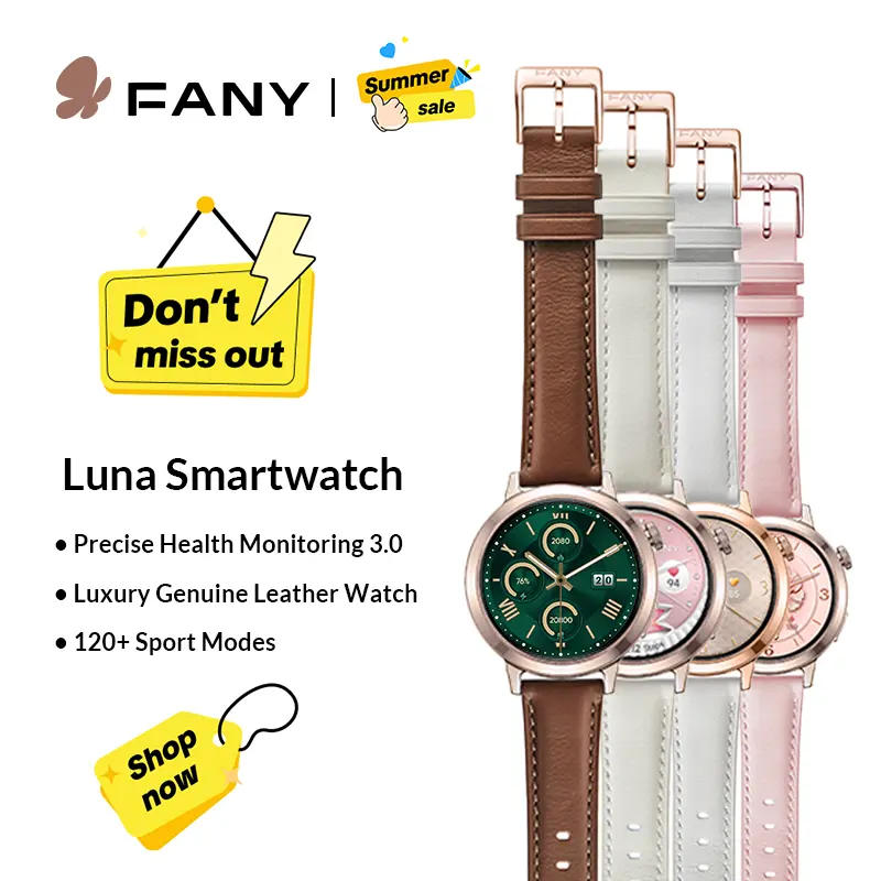 FANY Luna Women's Sports Tracking Smartwatch - AMOLED Display, 110+ Sport Modes, Heart Rate/Sleep/SpO2 Monitor, 7-Day Battery, Waterproof Fitness Smartwatch for Running, Leather Ultra-Sleek Lightweight Wearable with Free App tiktokshopsummersale