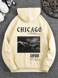 Urban Graphic Men's Hoodie Featuring the Bold Chicago Skyline Text Print with Historic 1898 Lightning Hands Motif and Fastest Growing City Statement for Edgy Street Style
