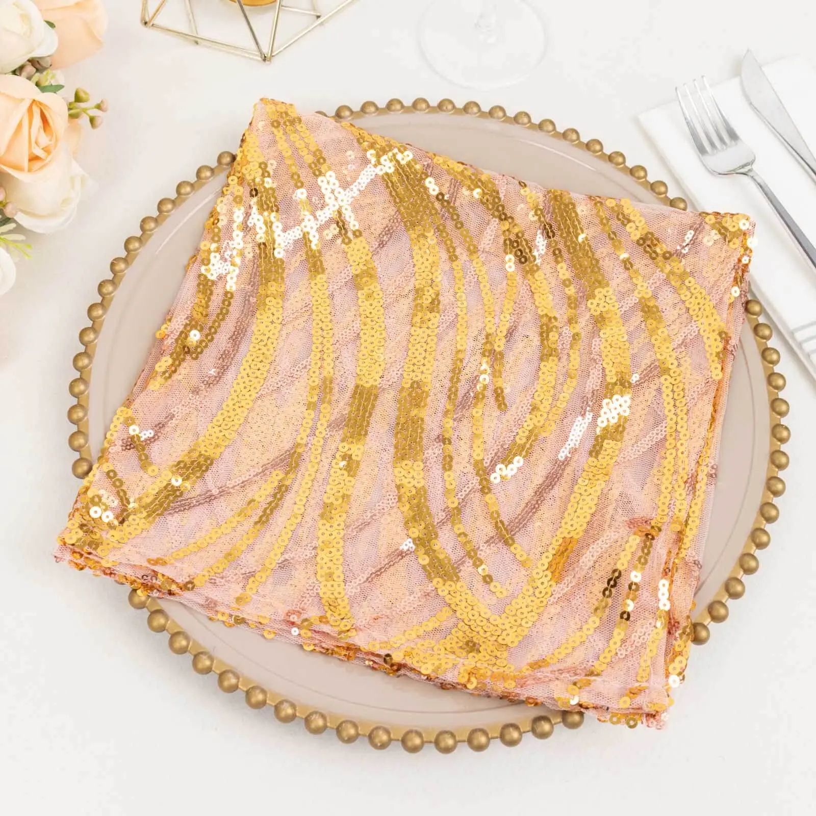 Rose Gold Sequin Mesh Dinner Napkin, 20"x20" Wave-Embroidered Disposable Dinnerware for Home, Wedding & Festive Use