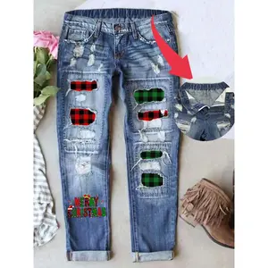 Women's distressed boyfriend jeans retro washed Christmas patch printed denim jeans casual fit natural waist buckle flyRAIMENTRY