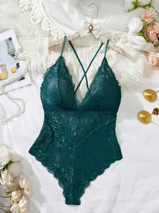 Women's Floral Lace Scallop Trim Sexy Cami Bodysuit, Soft Comfy Breathable Deep V Neck Backless Sleeveless Bodysuit for Daily Wear, Women's Lingerie for All Seasons