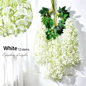 12Pcs Artificial Hanging Wisteria Flowers, 110cm Long Fake Silk Wisteria Vine Garland, Romantic Trailing Floral Vines with Leaves for Wedding, Boho Party, Home Wall Ceiling Outdoor Garden Decor