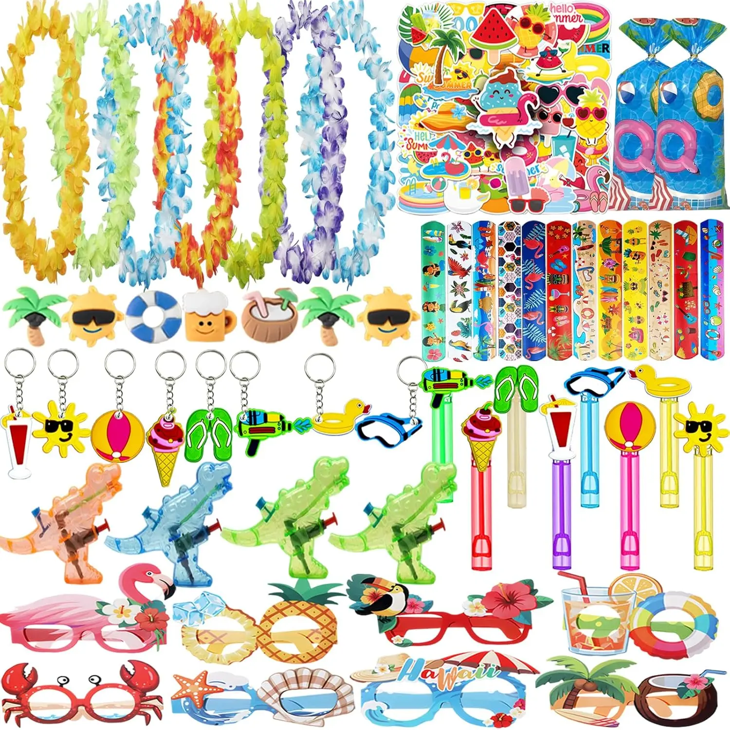 118PCS Pre-Packed Tropical Pool & Birthday-Themed Party Supplies Box with Water Sprayers, Bubble Wands, Garlands, Paper Glasses, Bracelets, Stickers, Keychains – Summer Home Festive Favors