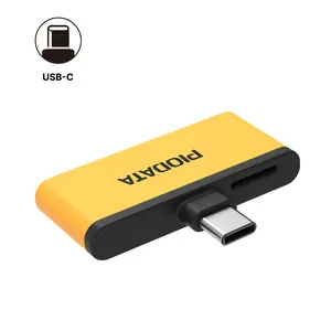 iXflash Q Micro SD card reader w/USB C in Black & Yellow, auto-backup with passthrough charging for iPhone, iPad & Android