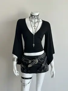 Women's Y2K Gothic Flare Sleeve Short Top, Deep V Waist Cinching Slim Fit Solid Plain T-Shirt, Fashionable Casual Wear