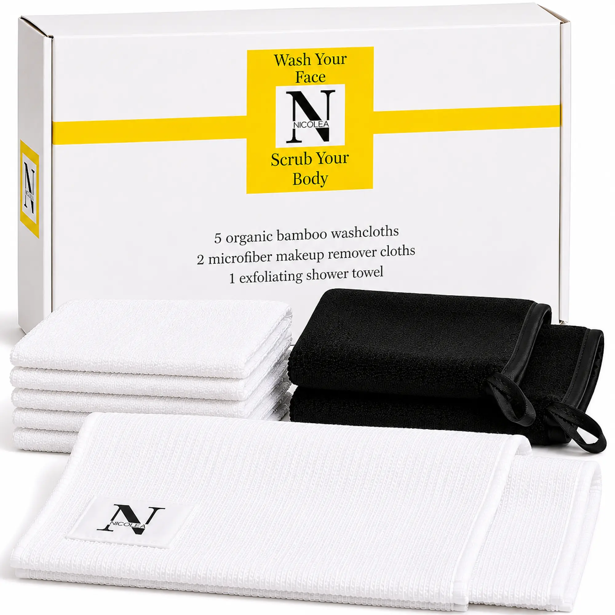 NICOLEA Premium Bamboo Face Towels & Microfiber Makeup Remover Cloths (8 Piece Self-care)