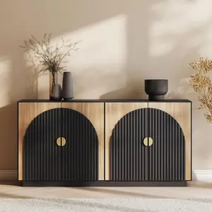 65 Inch Fluted Buffet Cabinet, Symmetrical Arc Design Sideboard Console Table with Large Storage Space, Practical Kitchen and Dining Room Furniture, Multi-purpose Cabinet for Coffee Bar Living Room Indoor Daily Use