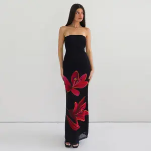 Flower Print Mesh Backless Bandage Frenchy Style Bodycon Dress Elegant Sexy Slim Party Club Dating Holiday Beach One-Shoulder Maxi Dress