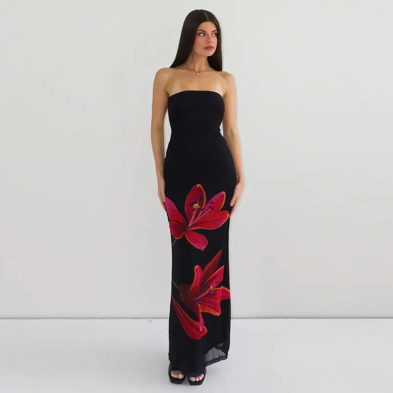 strapless open back dress Elegant Black Red Floral Print Deep V-Neck Ruffle Tie-Up Open Back Dress with Long Sleeve L / Black main image 1