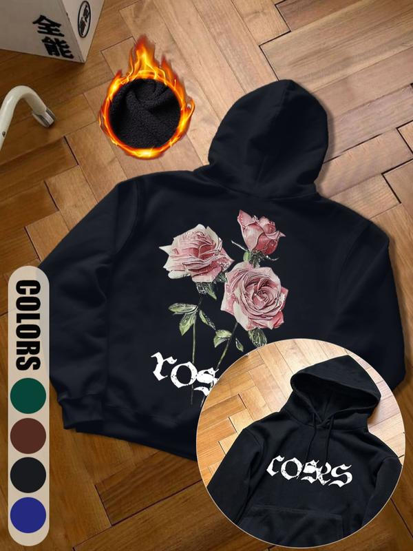 Street Fashion Pink Rose & Letter Print Hoodie - Retro Style Fleece-Lined Hooded Sweatshirt for Men in Colorful Blue/Black/Dark Green/Coffee, Autumn Winter Trendy Casual Pullover