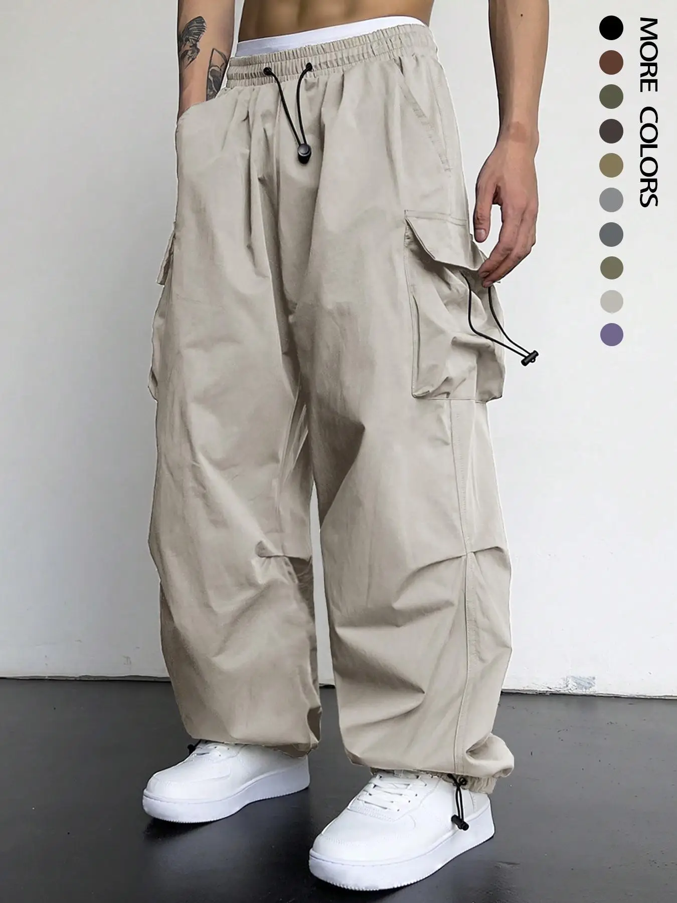 Men's Solid Multi-Pocket Cargo Pants, Loose Street Y2K Style Trendy Drawstring Waist Trousers for Daily Wear, Casual Outdoor Pants for Spring & Fall